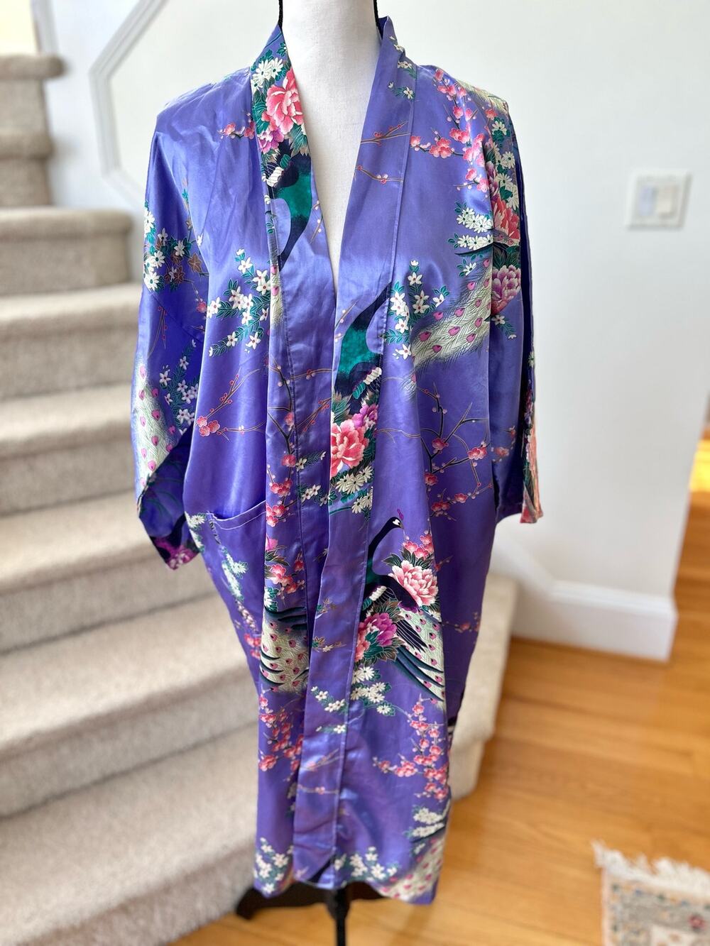 Vintage Purple Satin Peacock & Pink Lotus Open Kimono Robe